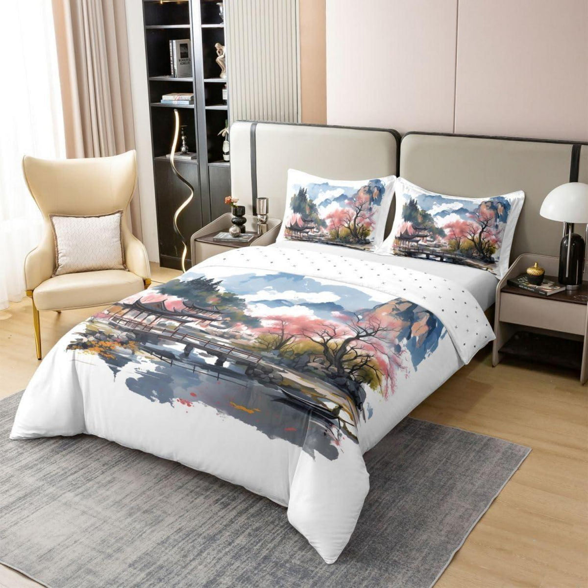 Chinesische Tuschemalerei Bettwäsche Set 155x220 Baumwolle