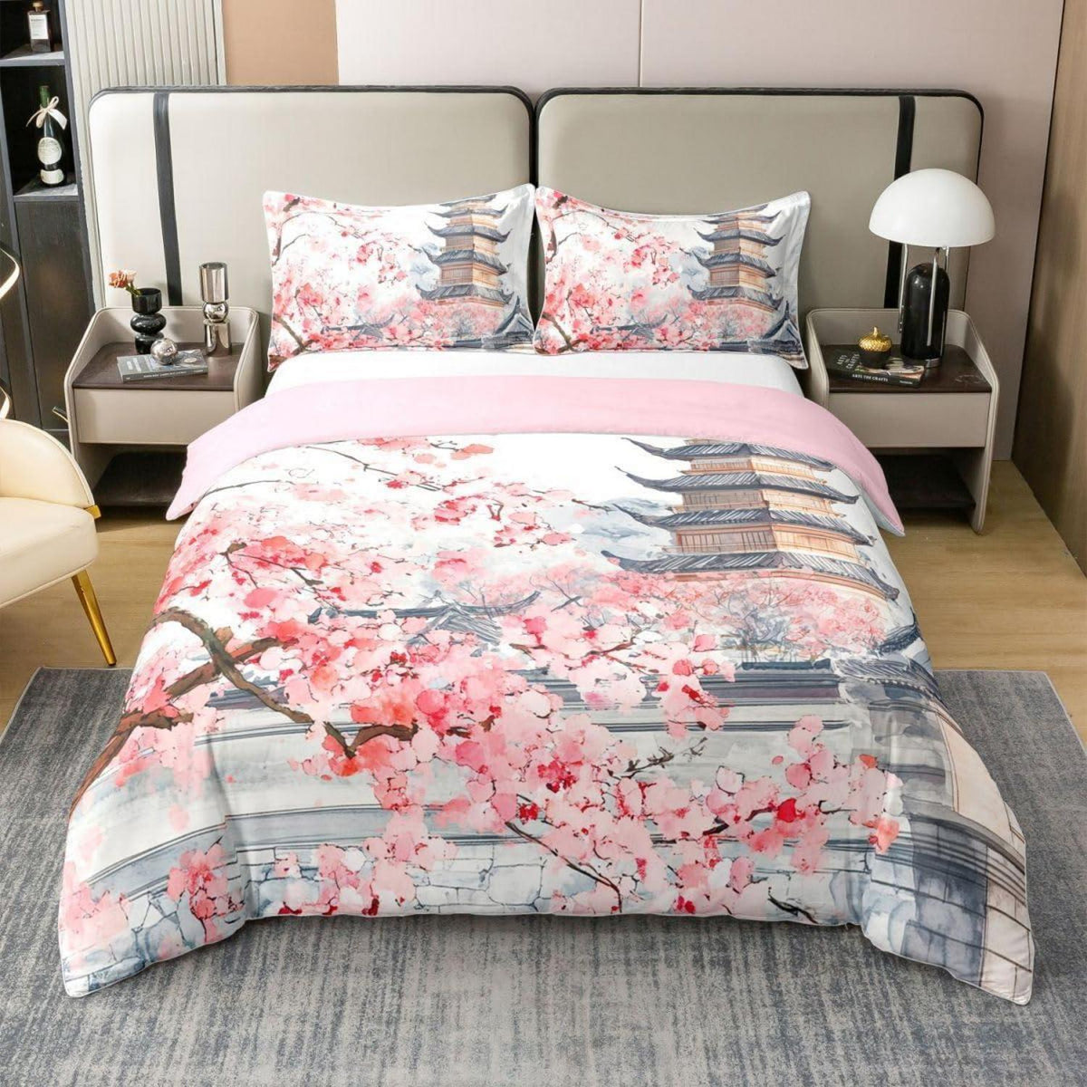 Japanische Kirschblüten Bettwäsche Set 220x240 Baumwolle