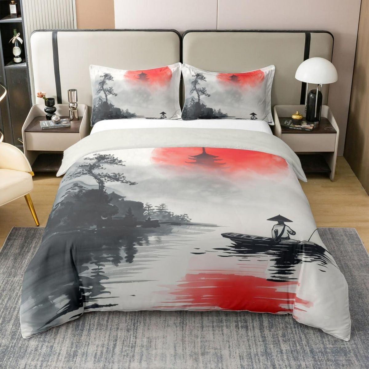 Japanisches Bettwäsche-Set Baumwolle 200x200 – Rote Sonne & Kiefer