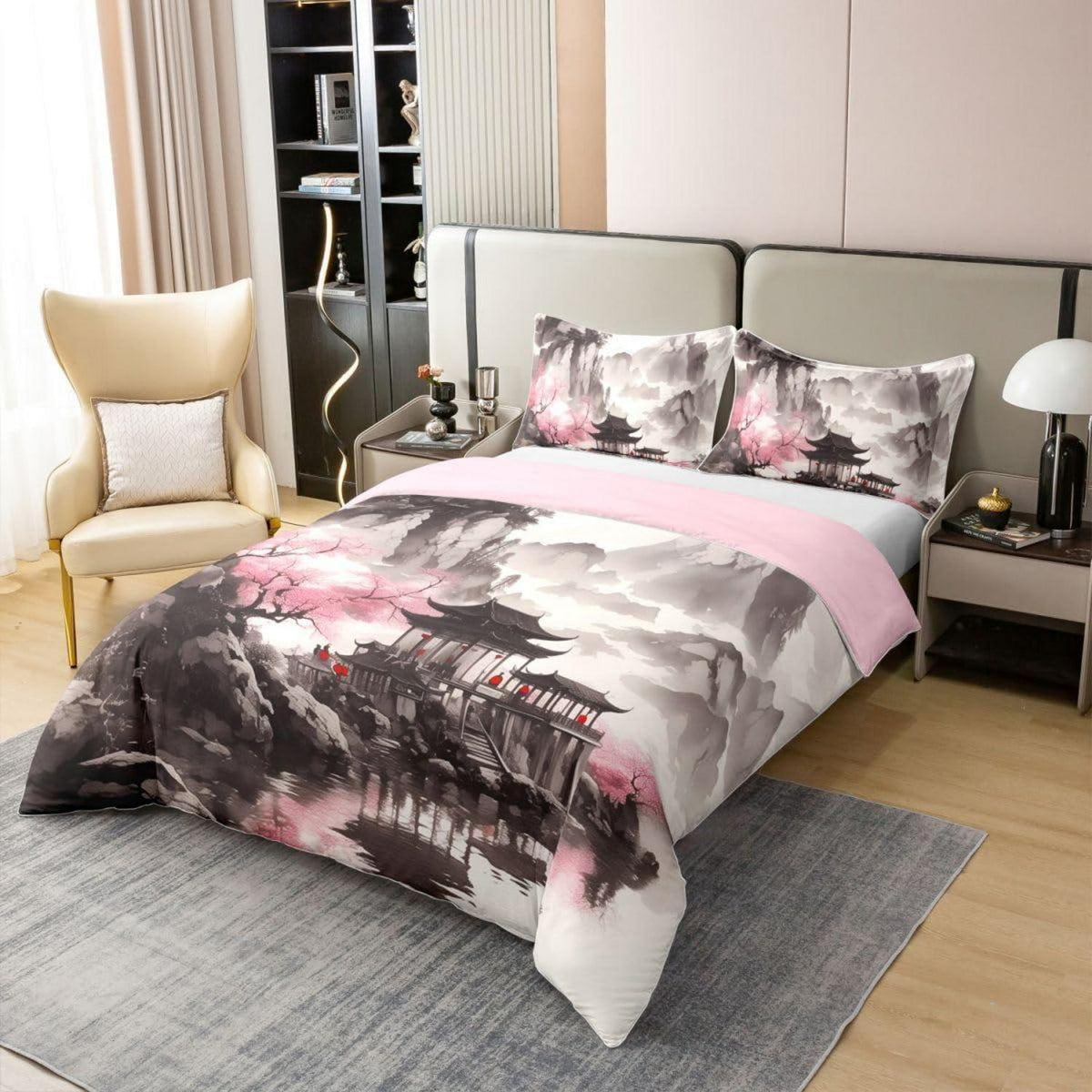 Chinesischer Stil Bettwäsche Set 155x220 Baumwolle Tusche Landschaft