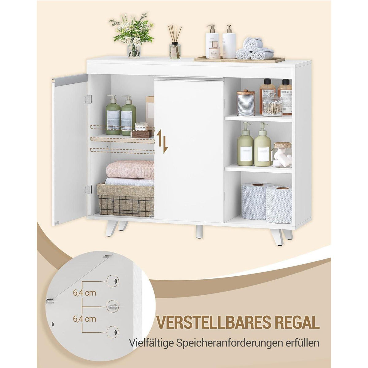 Weißer Badezimmerschrank mit 2 Türen & 3 offenen Regalen
