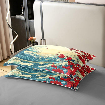 Japanischer Ukiyo-e Bettbezug Set – Wellen, Berge & Pflaumenblüten