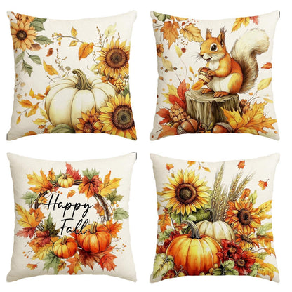 Herbst Kissenbezüge Eichhörnchen Kürbis 40x40 cm 4er Set Orange