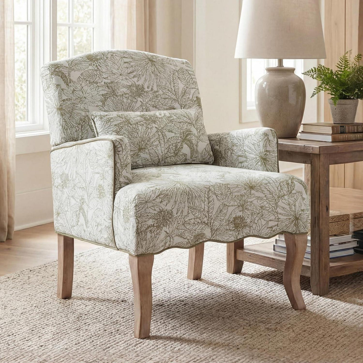 Chenille Ohrensessel Retro Grün mit Holzbeinen & Lendenkissen
