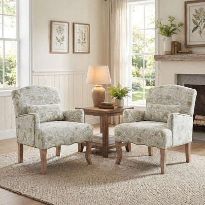 Chenille Ohrensessel Retro Grün mit Holzbeinen & Lendenkissen