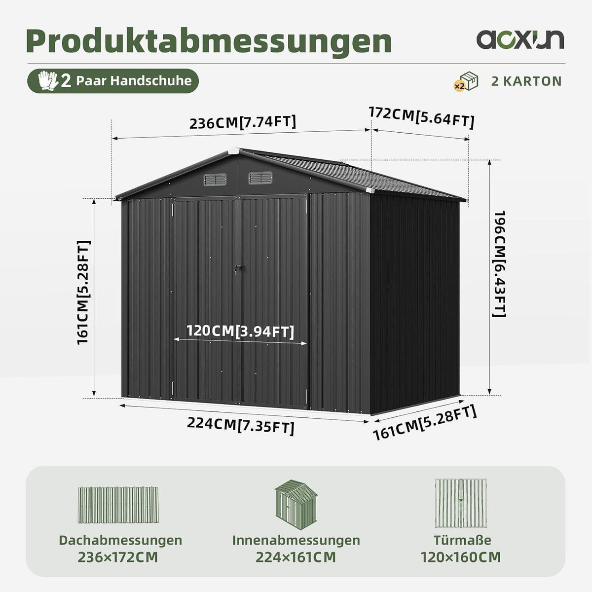 Großes Gerätehaus 8x6ft – Wetterfestes Gartenhaus mit Doppeltür