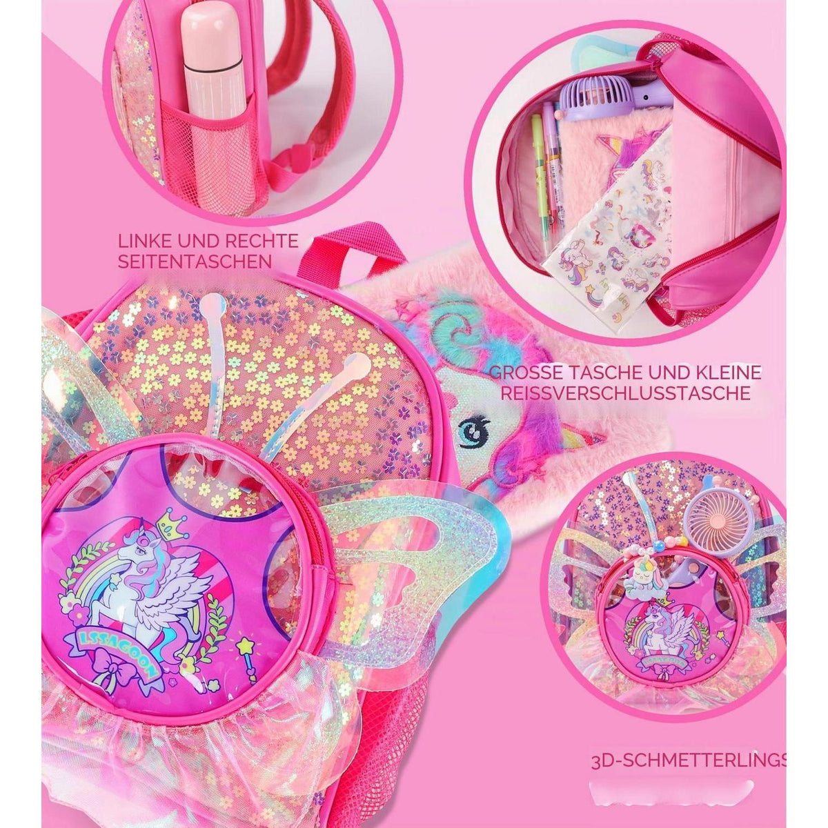 Einhorn Rucksack Mädchen mit Pailletten & Schmetterlingsflügeln