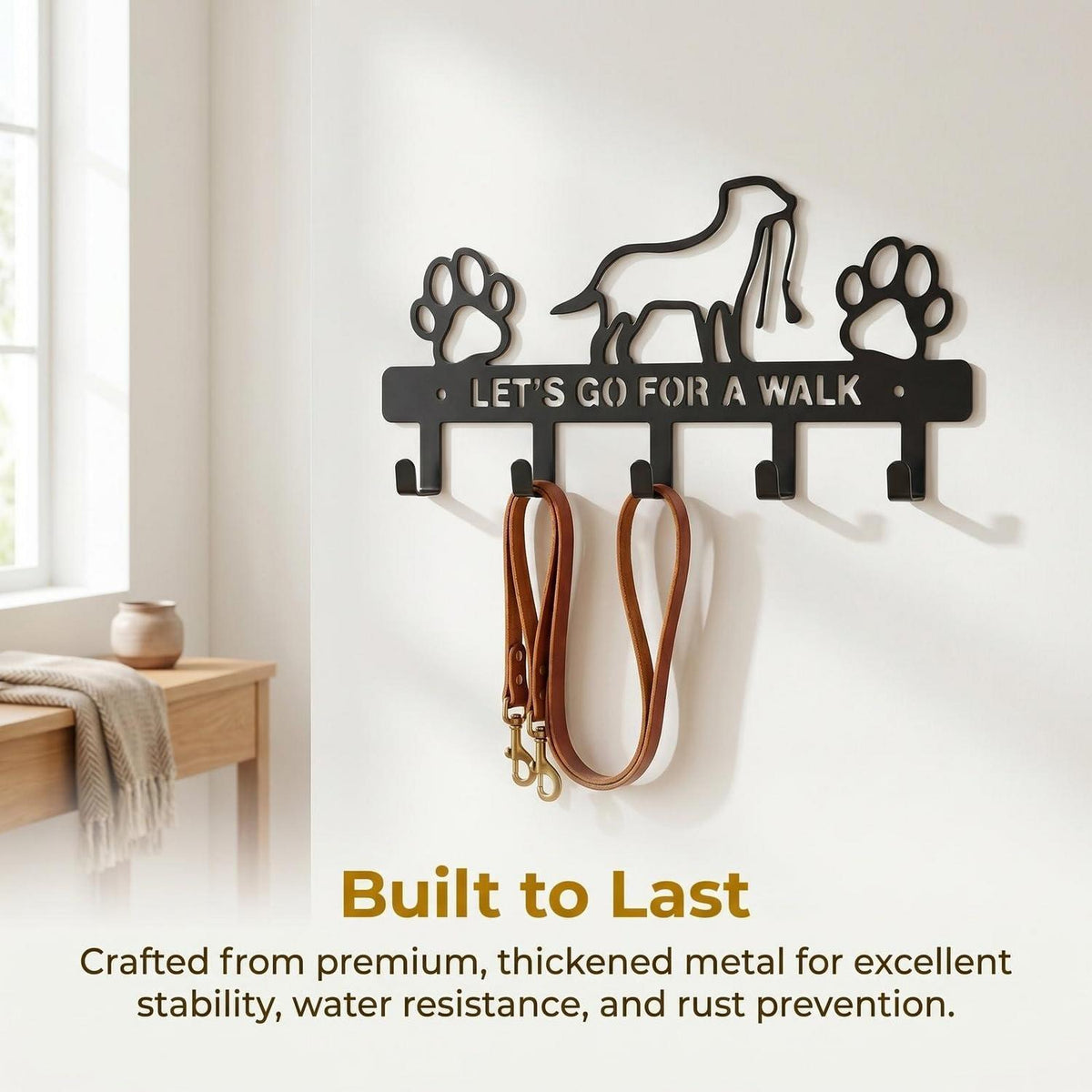 Hundegarderobe mit 5 Haken – Schlüsselbrett & Leinenhalter Schwarz
