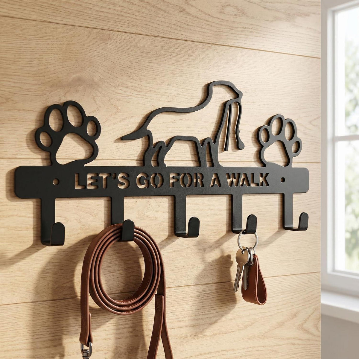 Hundegarderobe mit 5 Haken – Schlüsselbrett & Leinenhalter Schwarz