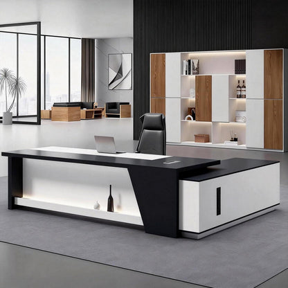 Moderner L-förmiger Schreibtisch mit Stauraum – Großer Bürotisch Schwarz Weiß