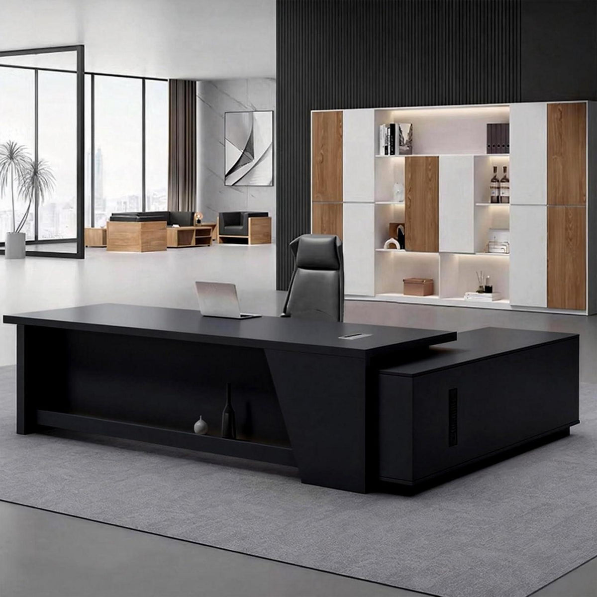 Moderner Schreibtisch mit Stauraum – L-förmiger Bürotisch Schwarz-Weiß