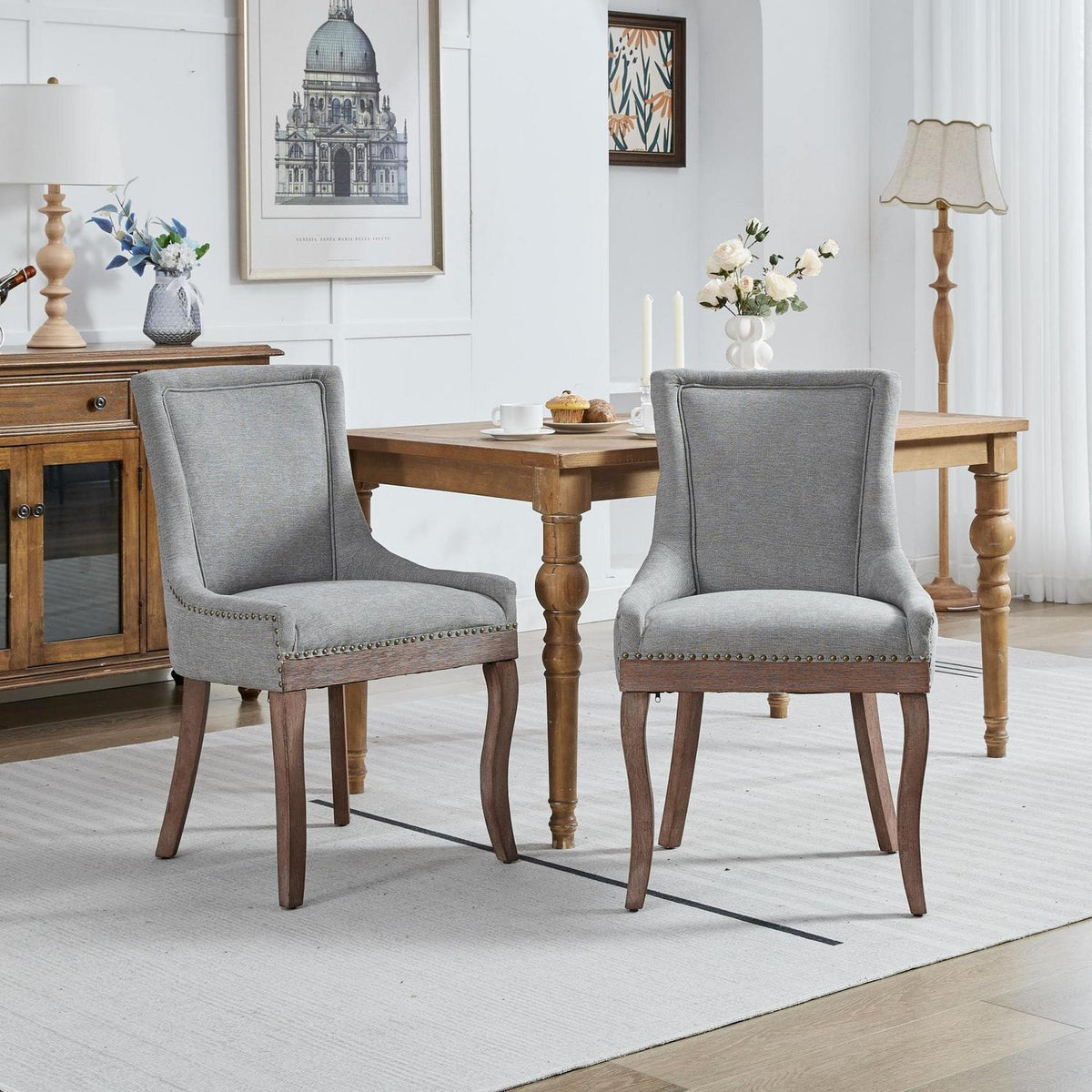 Esszimmerstühle 2er Set, Gepolsterte Chenille Stühle mit Holzbeinen