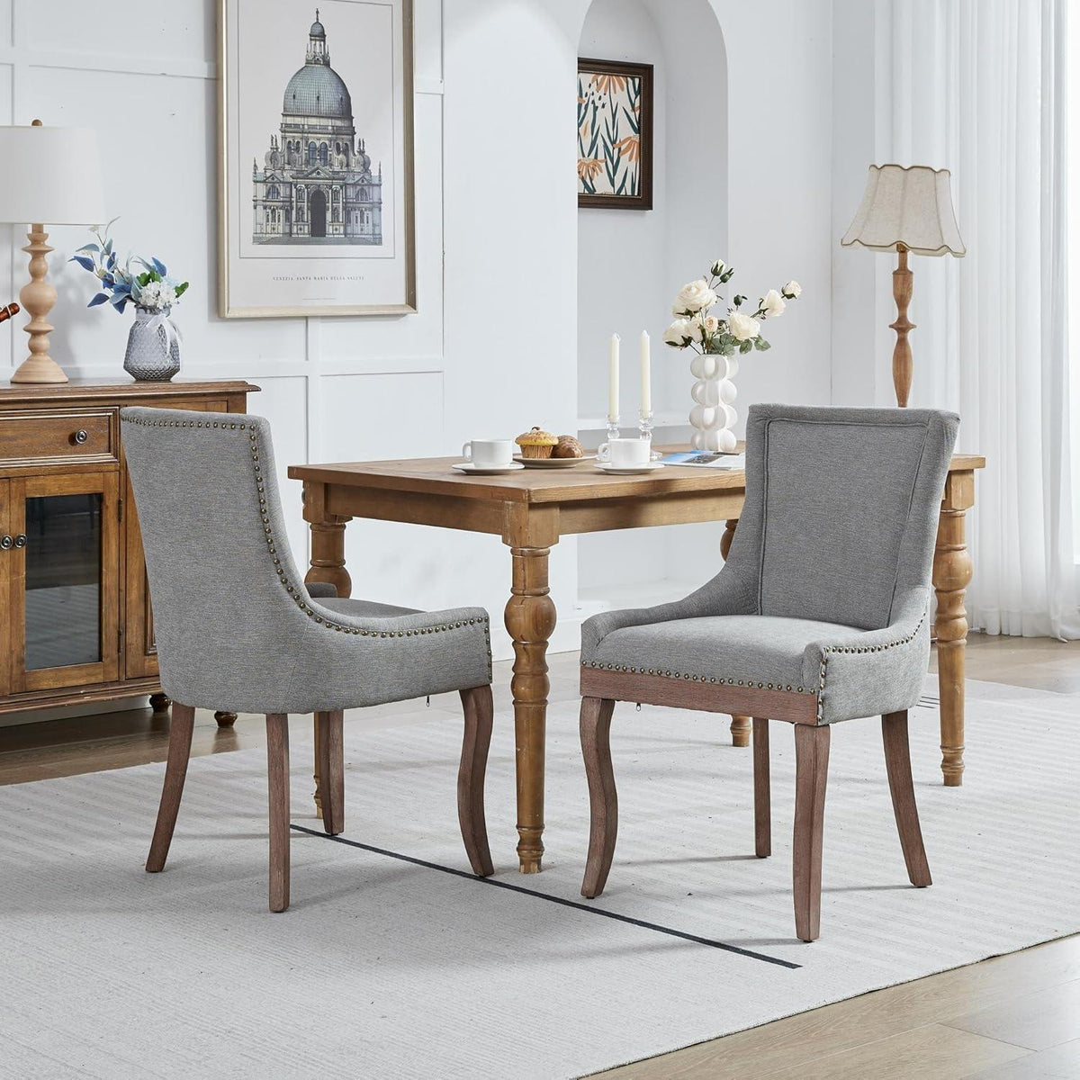 Esszimmerstühle 2er Set, Gepolsterte Chenille Stühle mit Holzbeinen