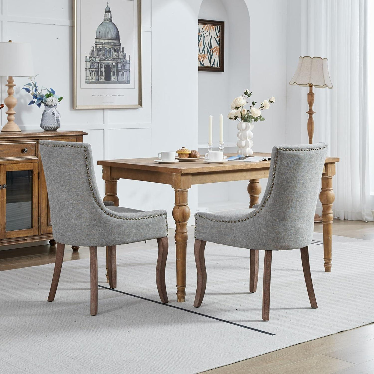 Esszimmerstühle 2er Set, Gepolsterte Chenille Stühle mit Holzbeinen