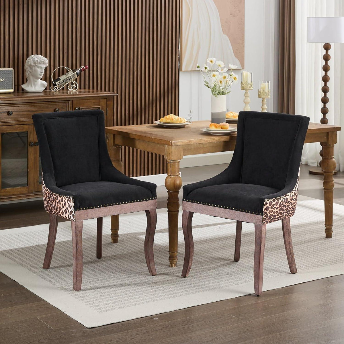 Esszimmerstühle 2er Set, Gepolsterte Chenille Stühle mit Holzbeinen