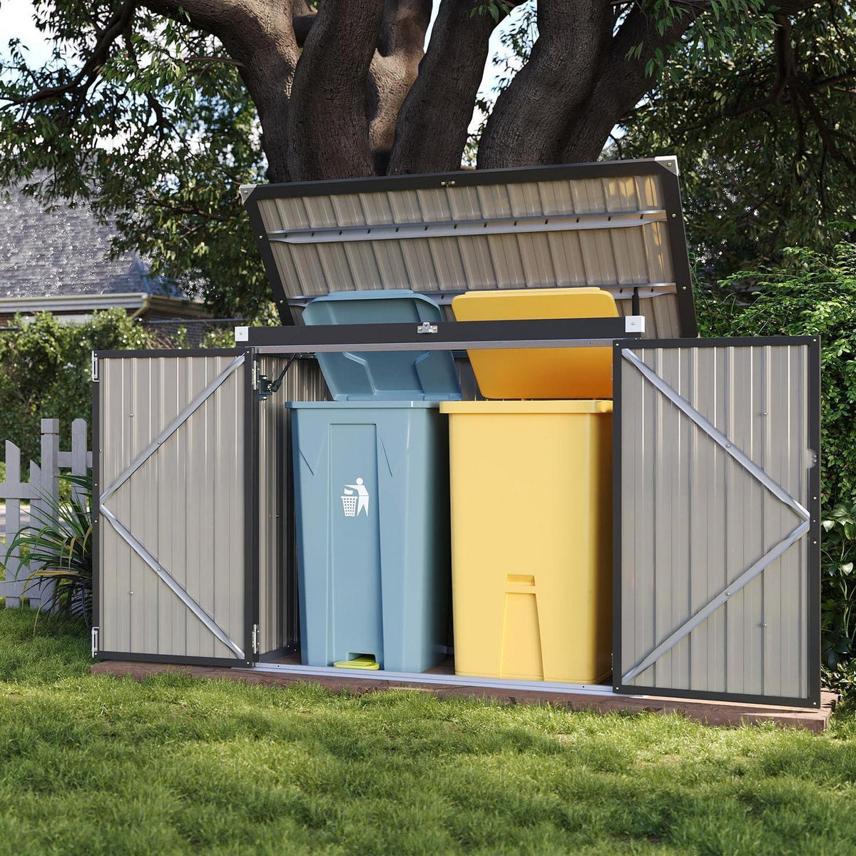 Gerätehaus 150x117x80cm – Mülltonnenbox mit Gasdruckfeder