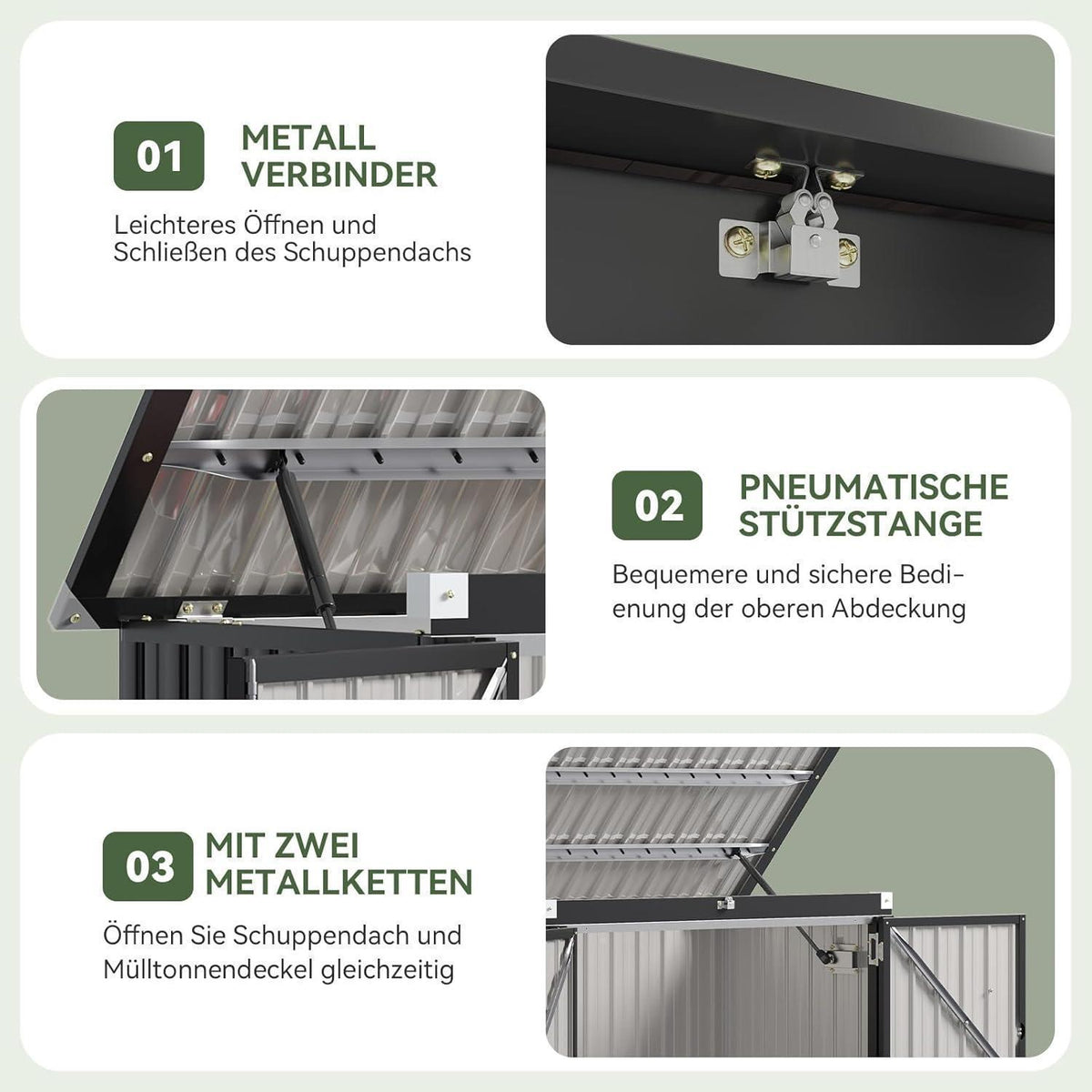 Gerätehaus 150x117x80cm – Mülltonnenbox mit Gasdruckfeder