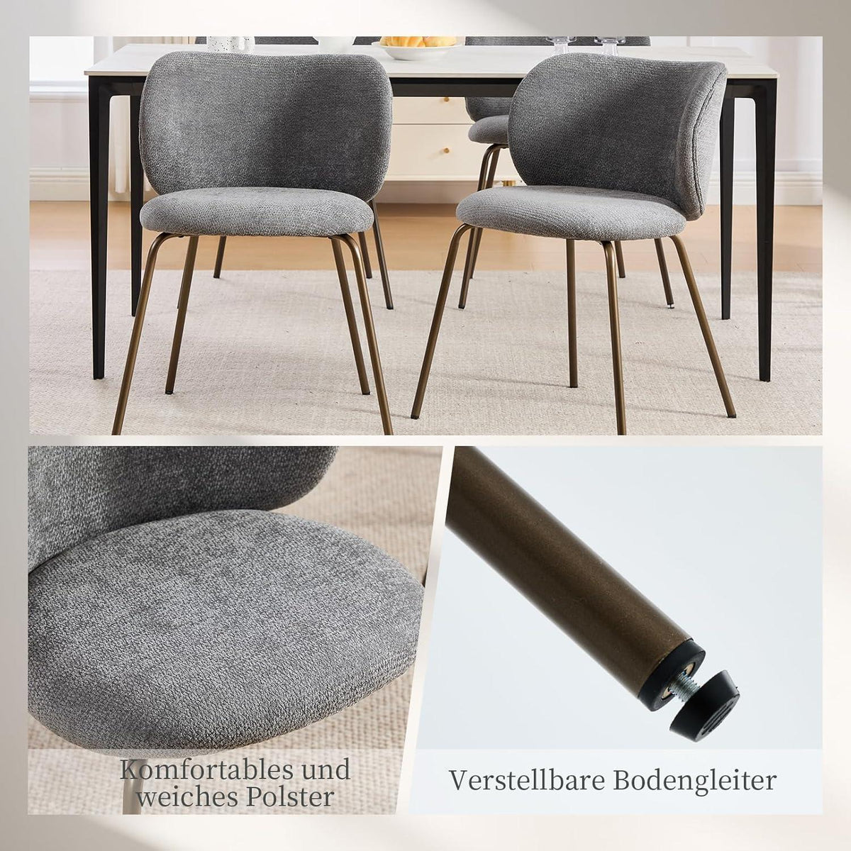 Esszimmerstühle Set 6 Grau, Chenille & Metallbeine Modern