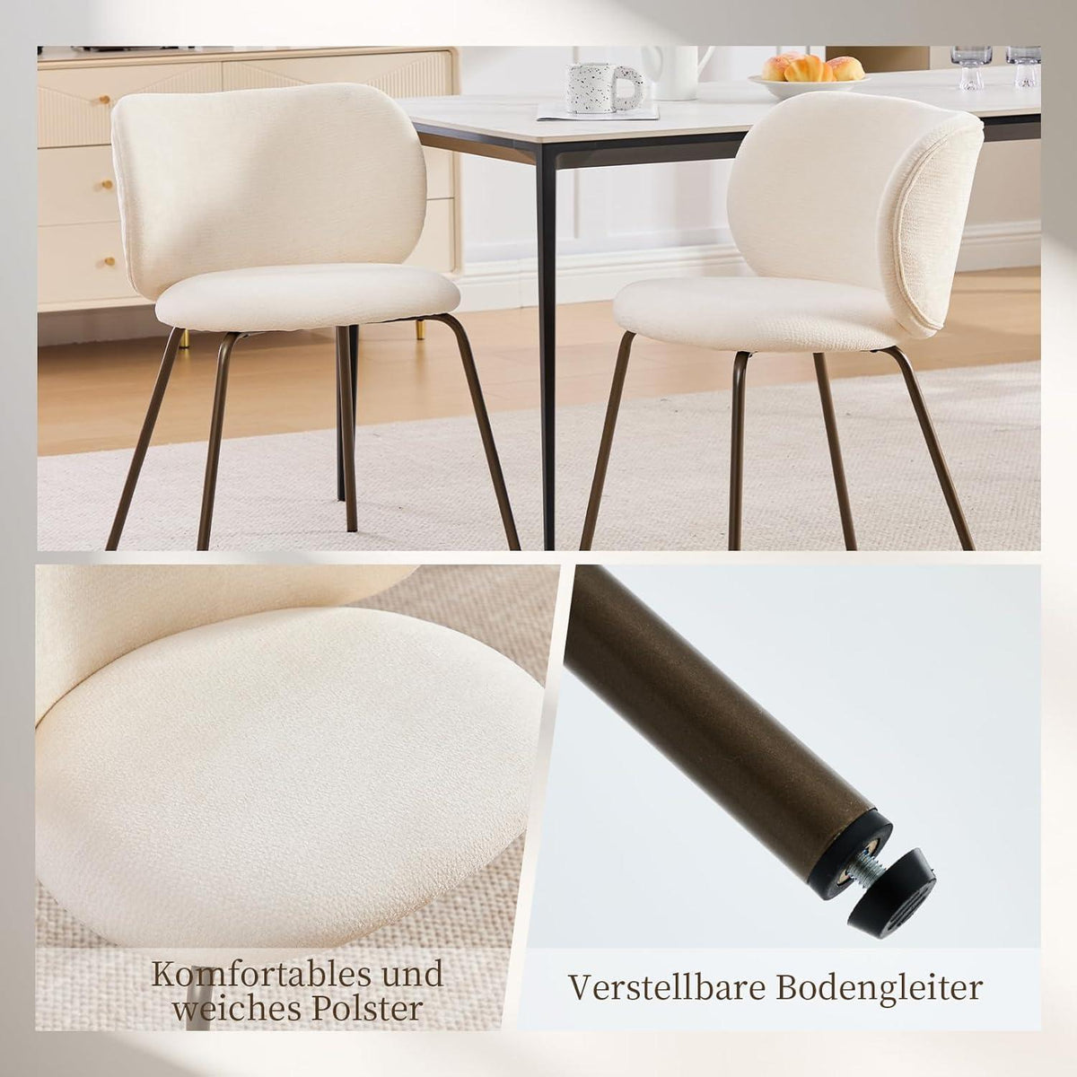 Esszimmerstühle 2er Set, Chenille Stoff, Creme Weiß
