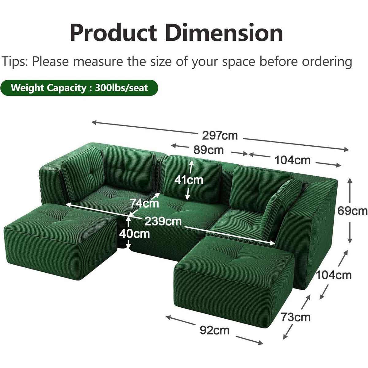Modulares Ecksofa Grün – Kein Aufbau, Tiefe Sitzfläche & Cordstoff