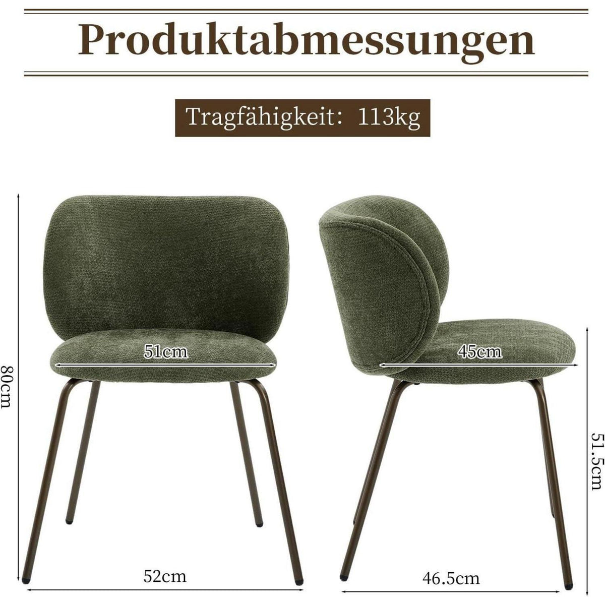 Esszimmerstühle 2er Set, Olivgrün, Chenille & Metallbeine