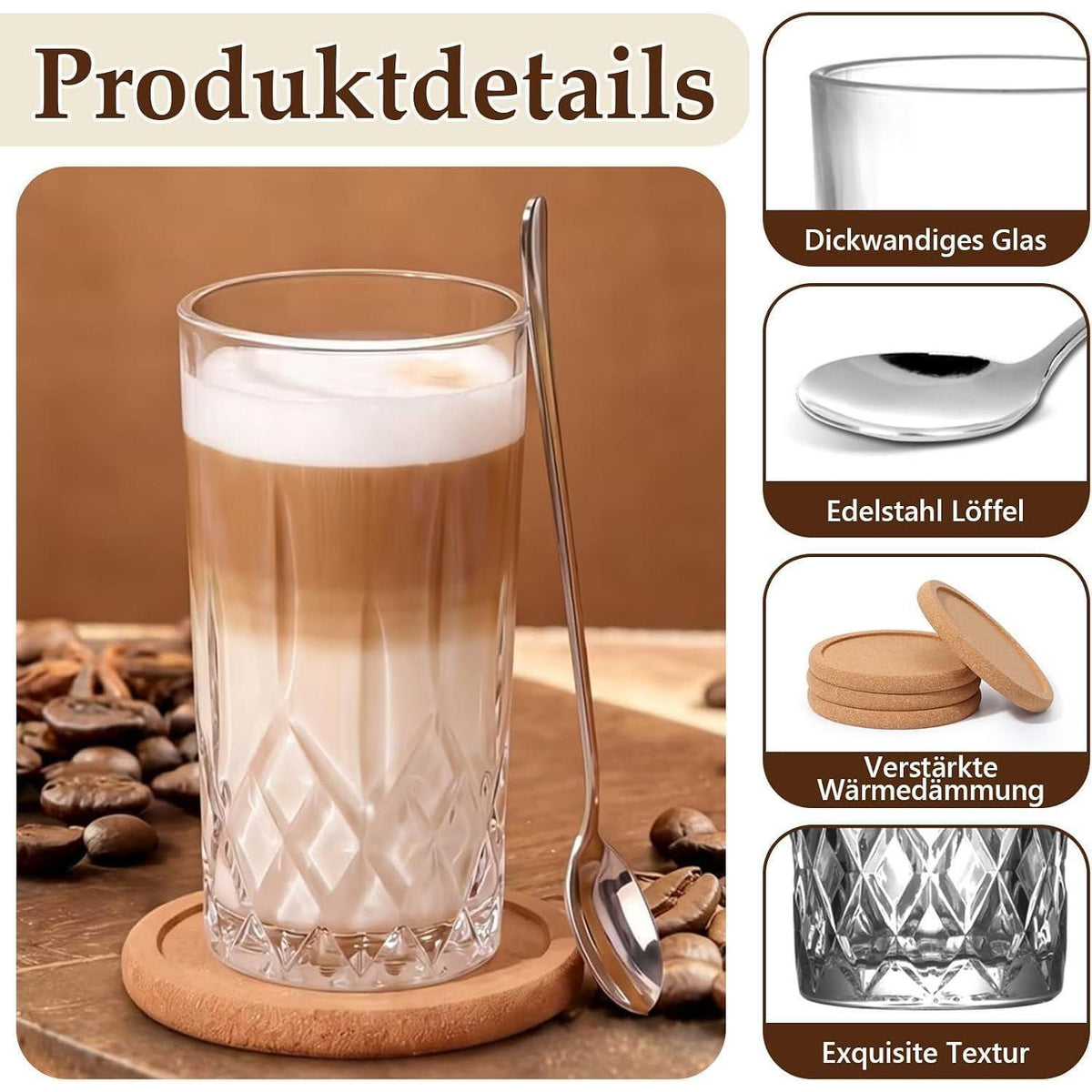 Latte Macchiato Gläser Set mit Löffeln & Untersetzern