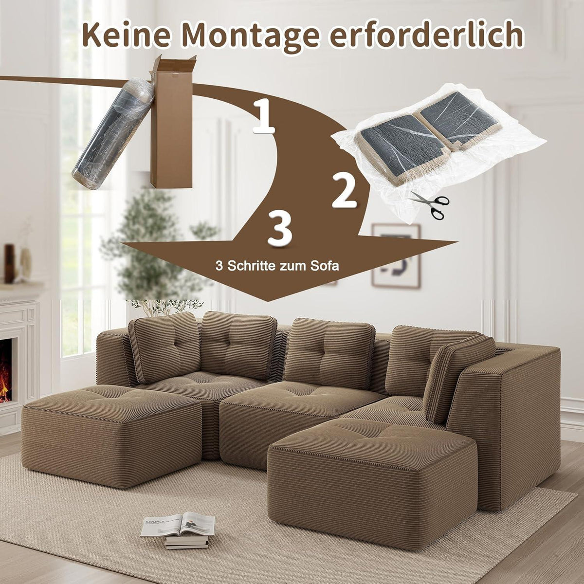 Modulares Ecksofa Cord Braun – Tiefes Sitzsofa, Kein Aufbau