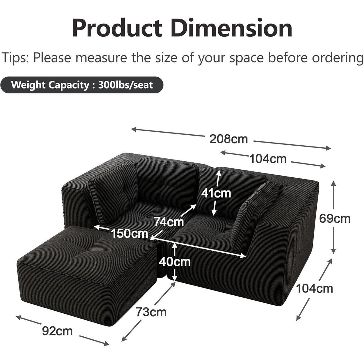 Modulares Ecksofa mit Cord – Tiefes Sitzsofa Schwarz 2C+1O