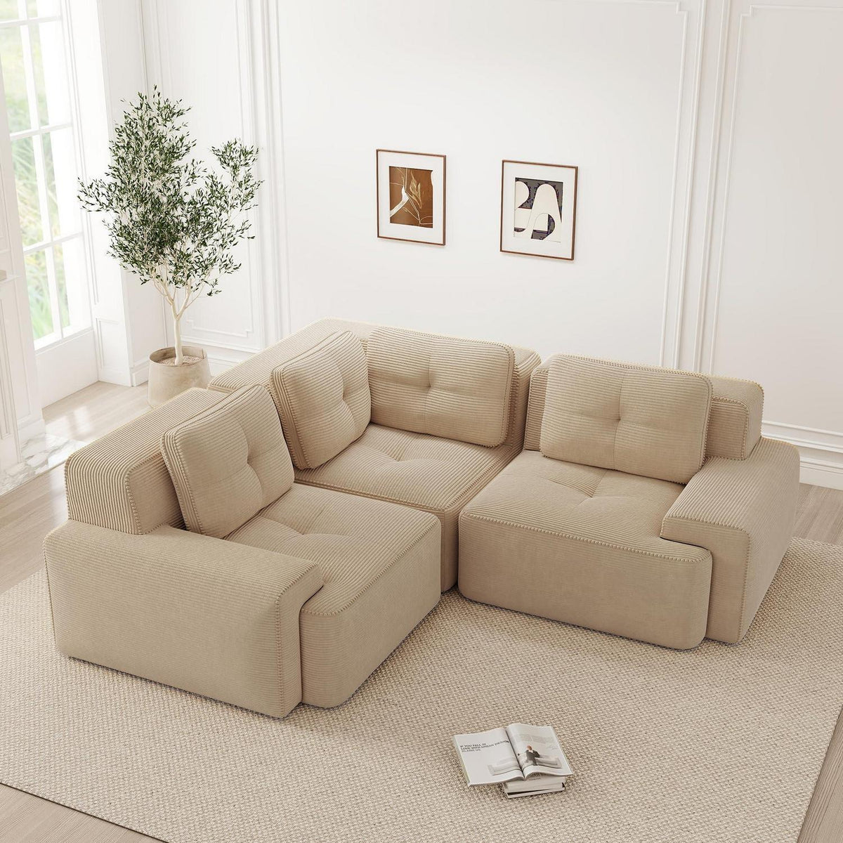 Modulares Ecksofa mit Cord – Bequemes Sofa ohne Aufbau, Beige