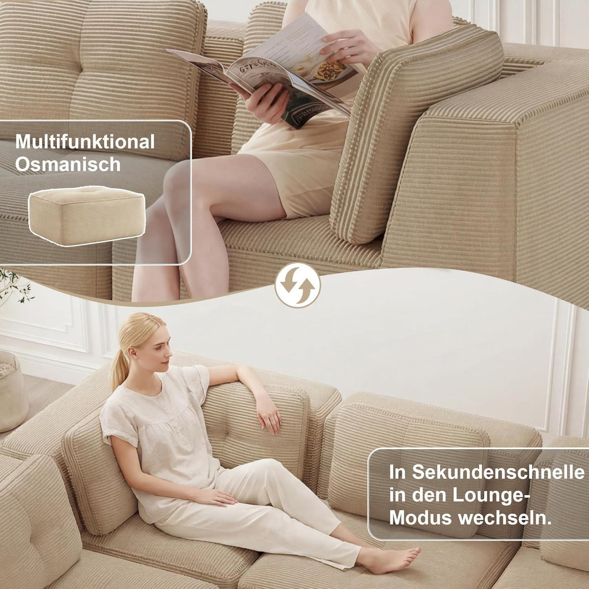 Modulares Ecksofa mit Cord – Bequemes Sofa ohne Aufbau, Beige