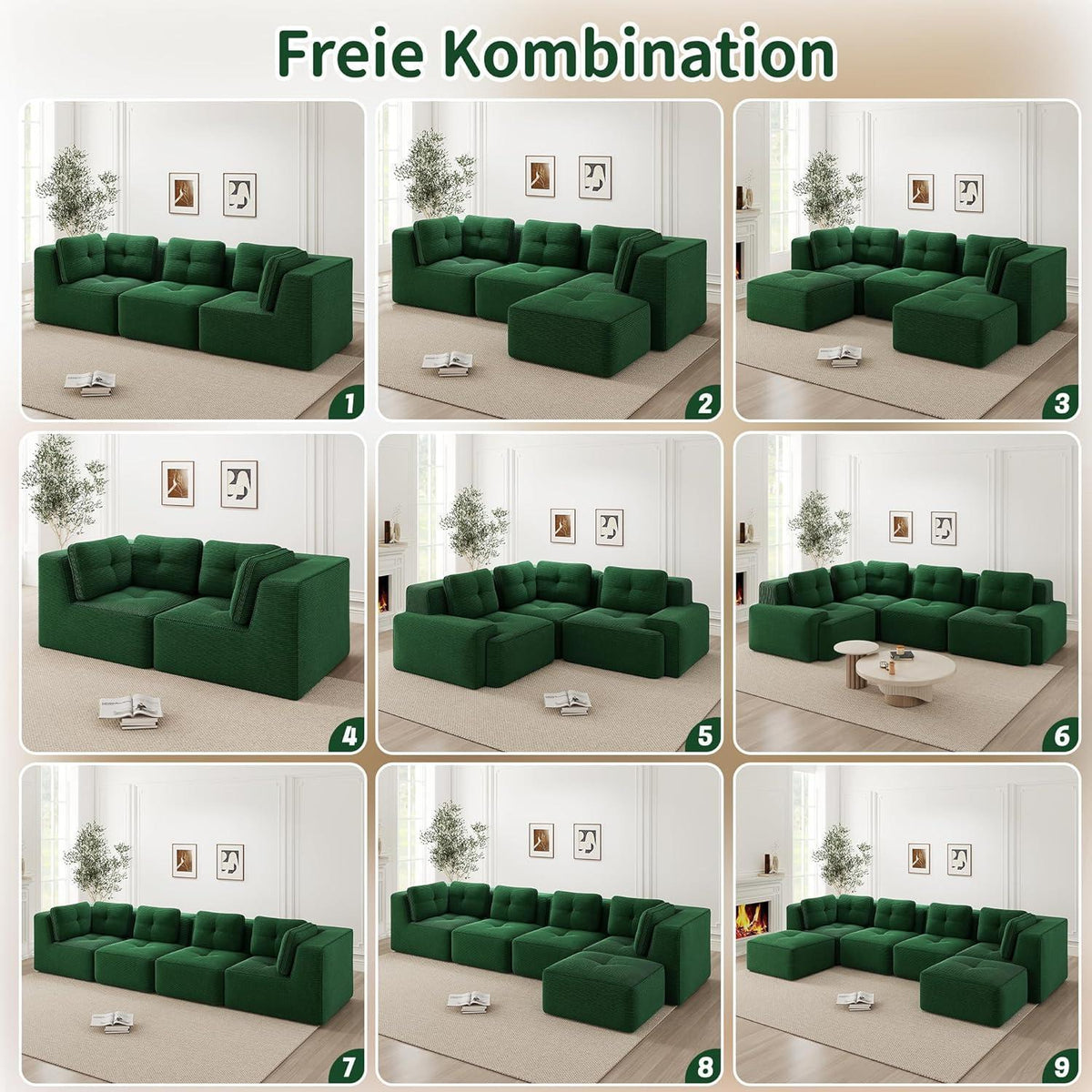 Modulares Ecksofa Grün – Kein Aufbau, Tiefe Sitzfläche & Cordstoff
