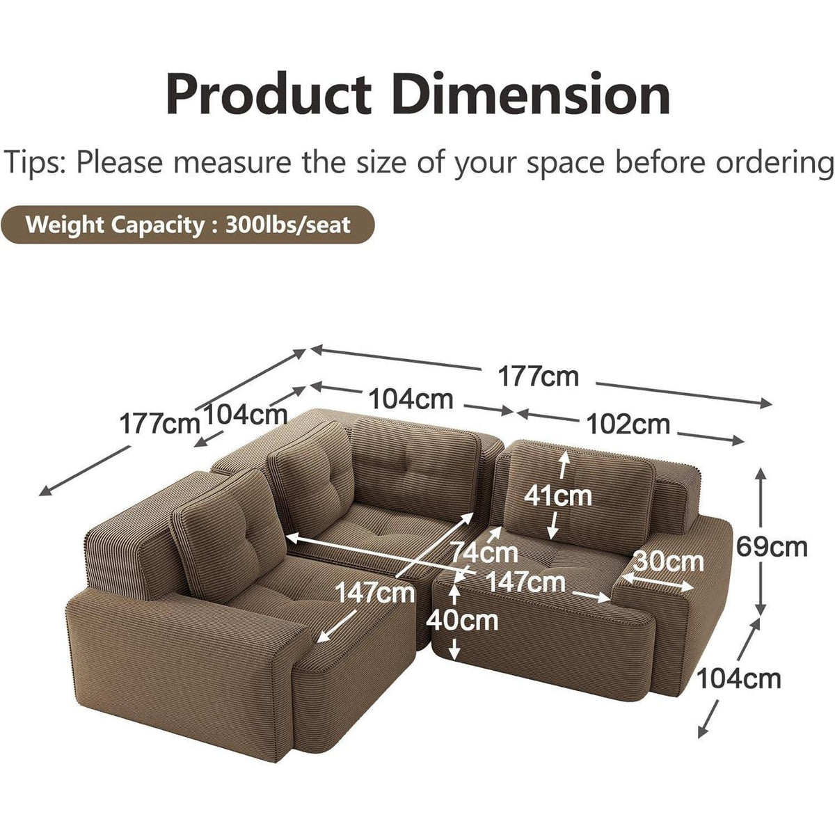 Modulares Ecksofa Braun – Kein Aufbau, Tiefe Sitzfläche & Cordstoff