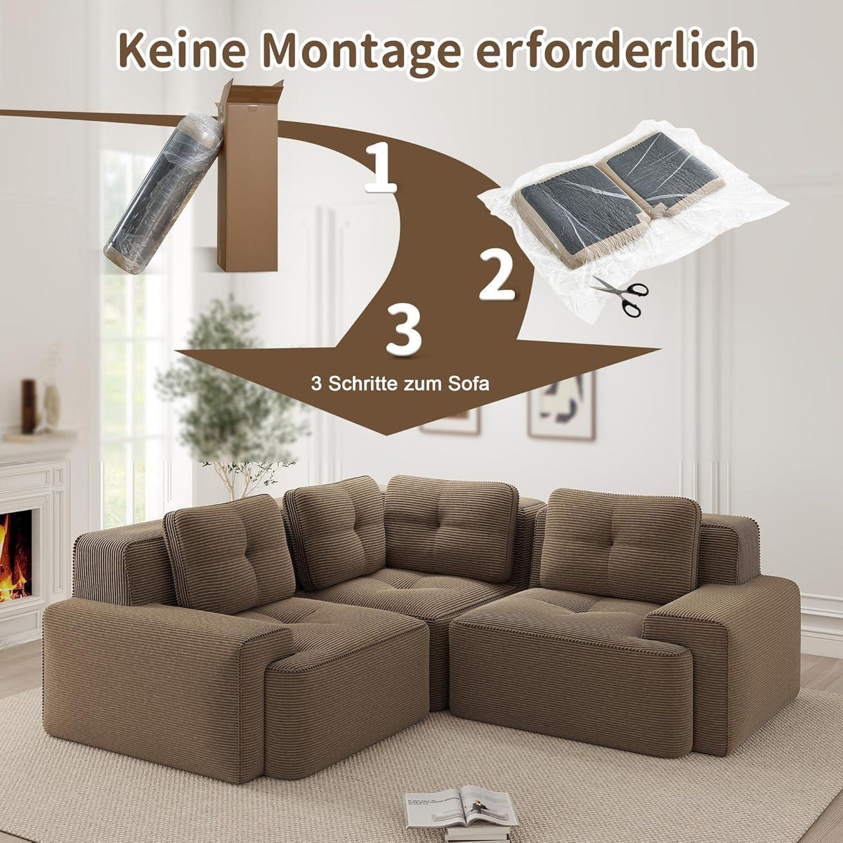 Modulares Ecksofa Braun – Kein Aufbau, Tiefe Sitzfläche & Cordstoff
