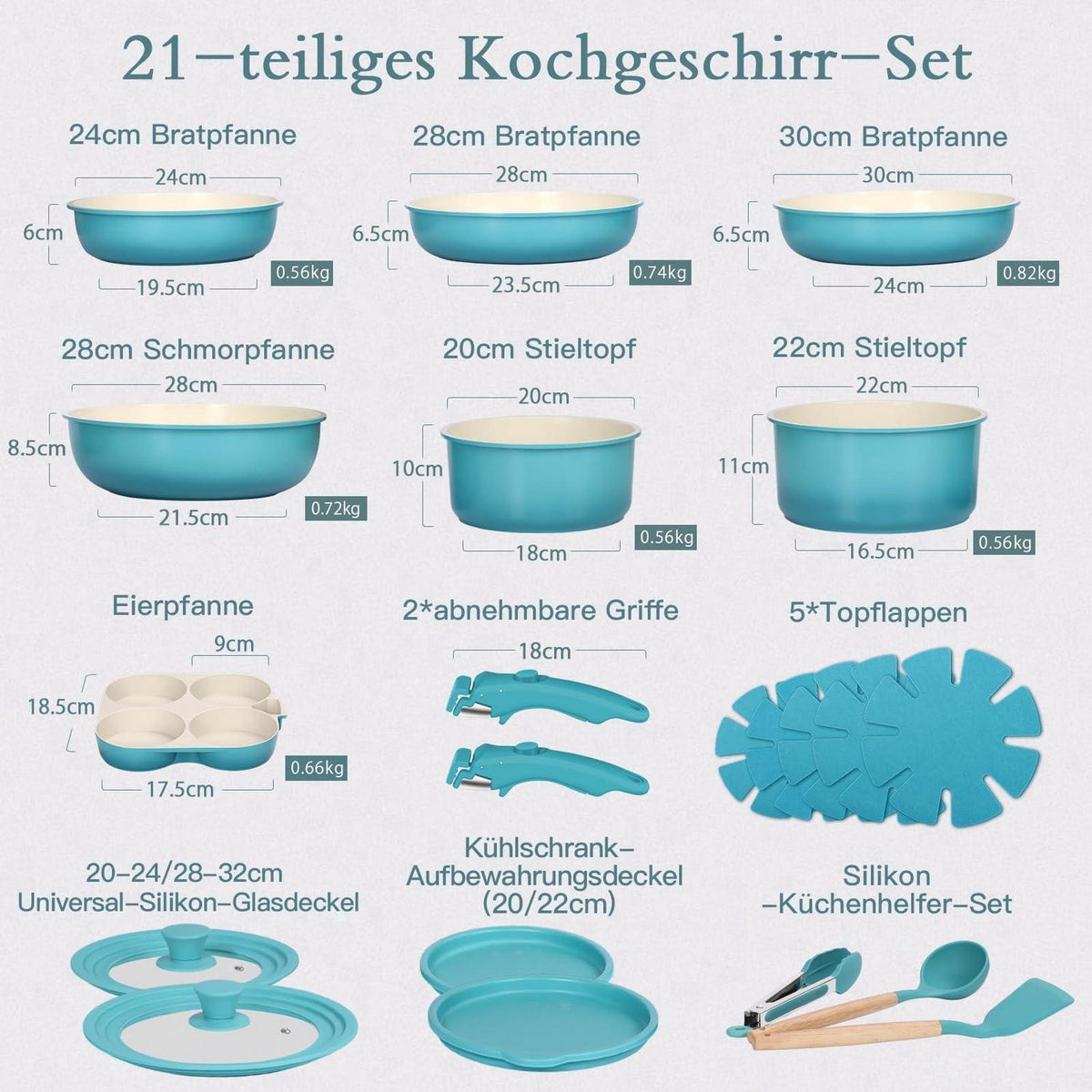 Granit Topfset 21-teilig mit Abnehmbarem Griff & Farbverlauf