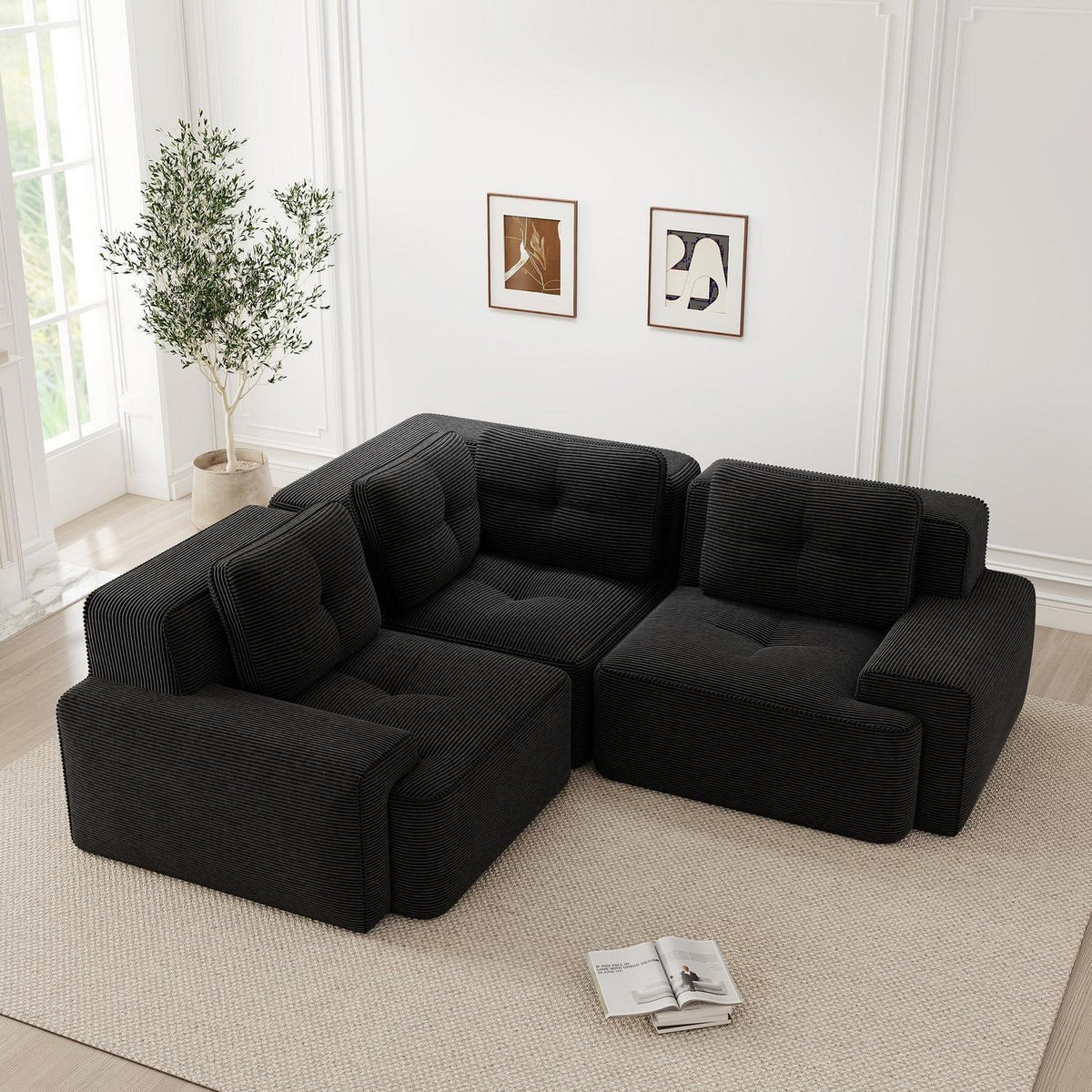 Modulares Ecksofa Cord Schwarz – Kein Aufbau, Tiefes Sitzgefühl