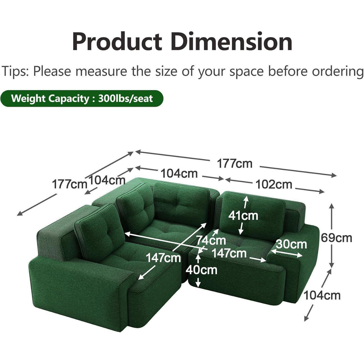 Modulares Ecksofa Grün 2C+1O – Kein Aufbau, Tiefe Sitzfläche