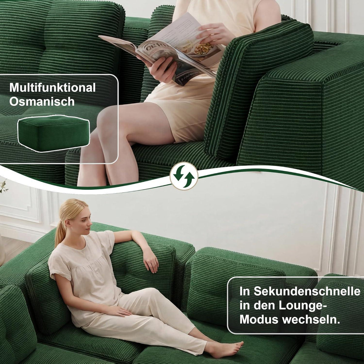 Modulares Ecksofa Grün 2C+1O – Kein Aufbau, Tiefe Sitzfläche