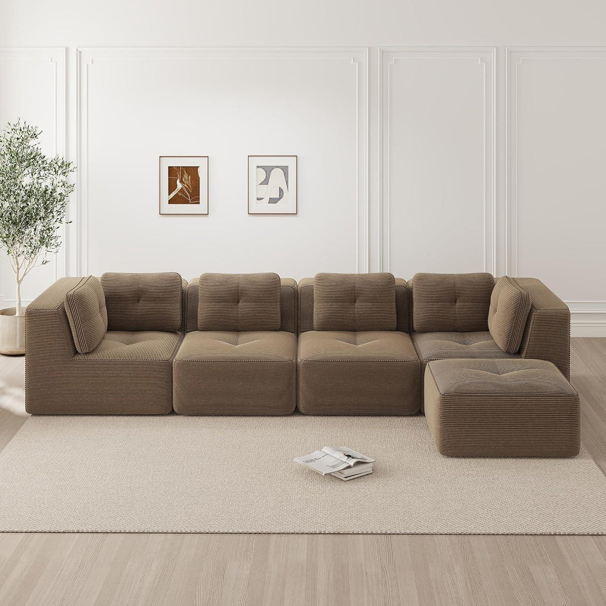 Modulares Ecksofa Cord Braun – Tiefes Sitzsofa ohne Aufbau
