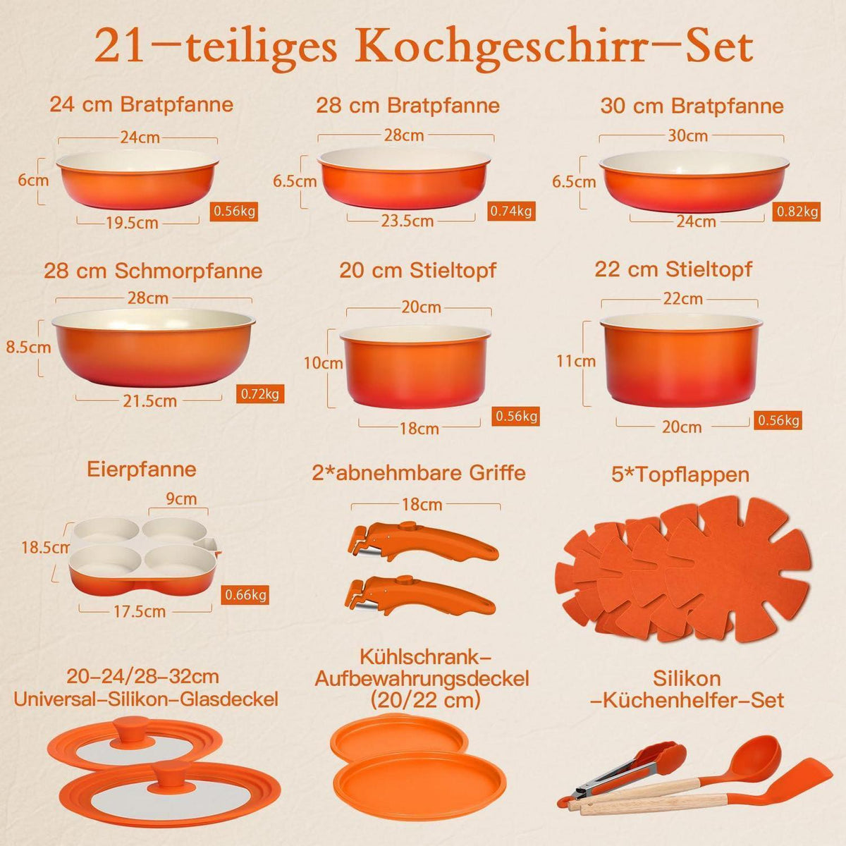 Granit Topfset 21-teilig mit Abnehmbarem Griff & Farbverlauf