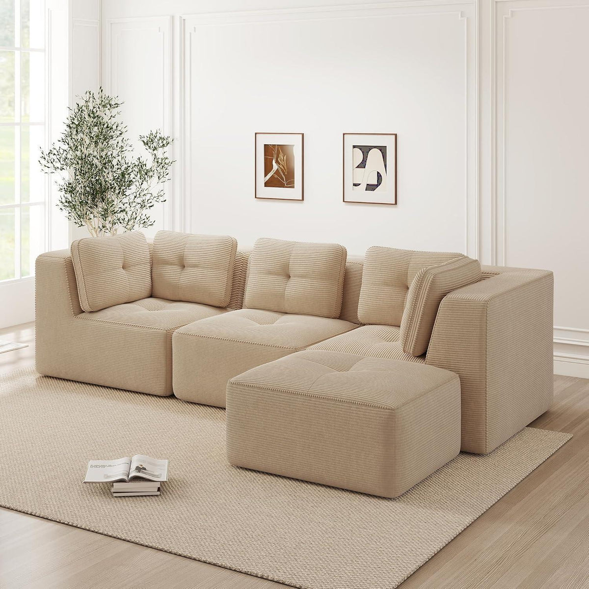 Modulares Ecksofa mit Cord – Bequemes Sofa ohne Aufbau, Beige