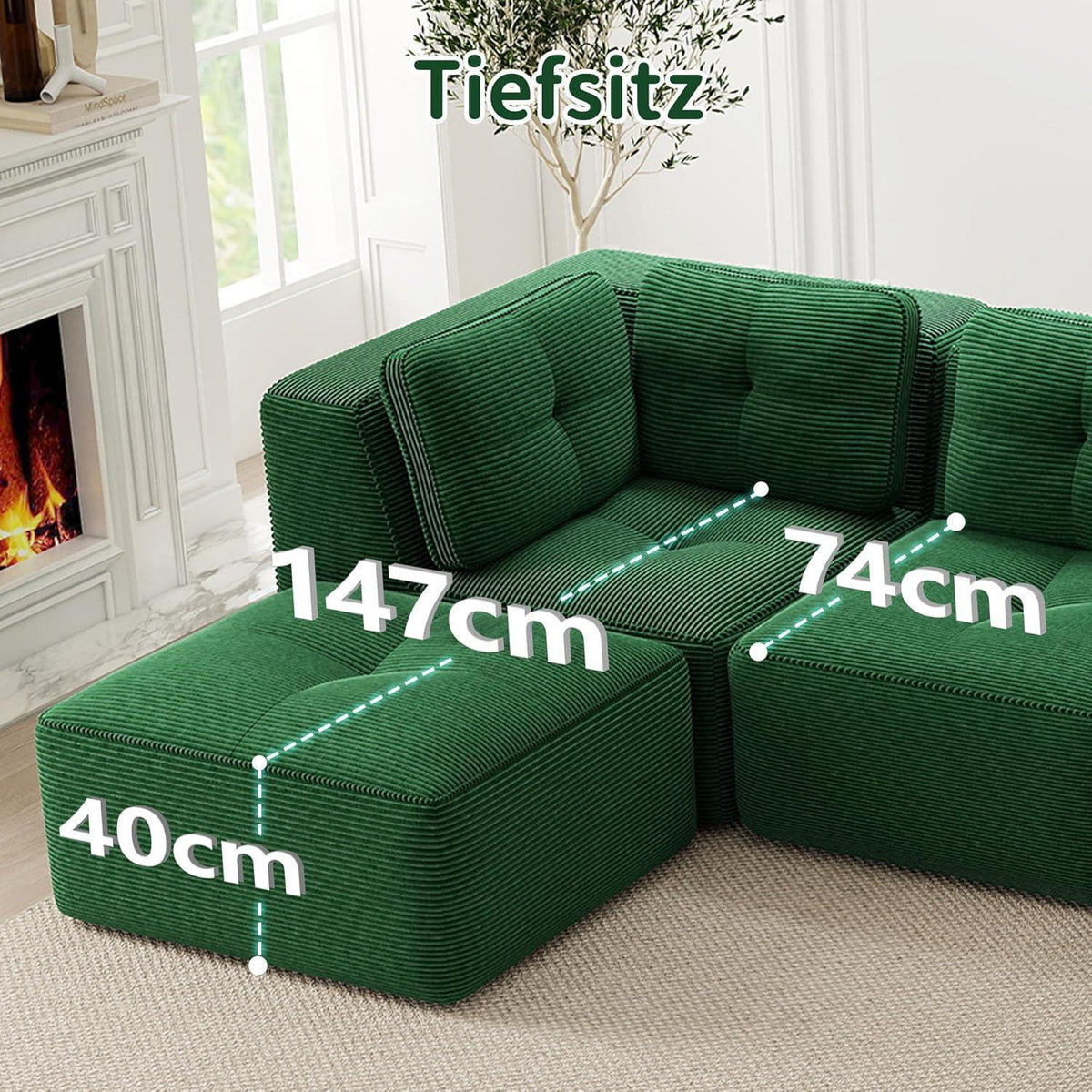 Modulares Ecksofa Grün 3C – Cord, Tiefes Sitzgefühl, Kein Aufbau
