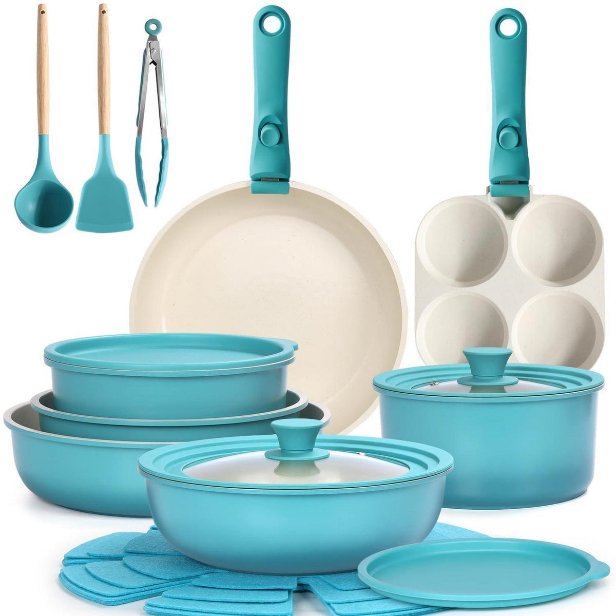 Granit Topfset 21-teilig mit Abnehmbarem Griff – Blauer Farbverlauf