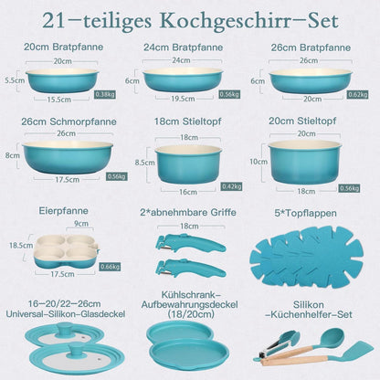 Granit Topfset 21-teilig mit Abnehmbarem Griff – Blauer Farbverlauf