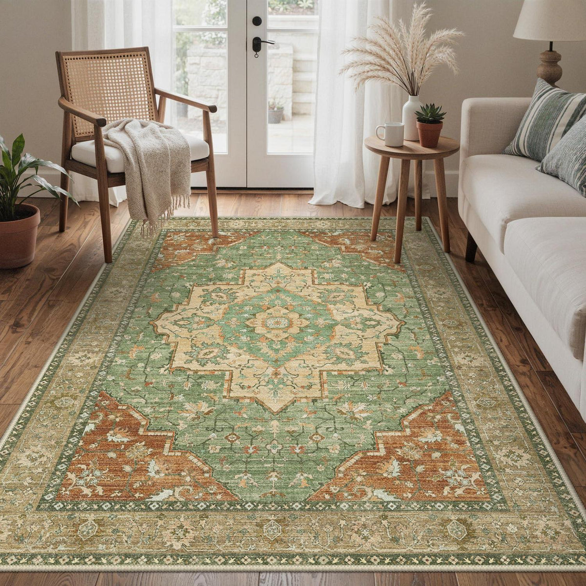 Vintage Teppich Wohnzimmer 160x230cm Rotgrün Waschbar