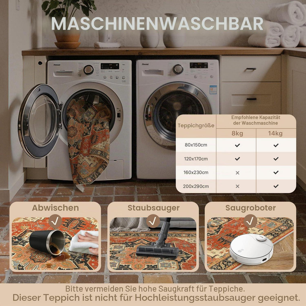 Vintage Läufer Rot 80x150cm - Waschbarer Teppich für Flur & Wohnzimmer