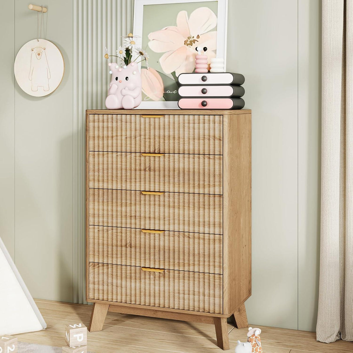 Kommode 5 Schubladen Holz, Landhausstil mit Kippschutz