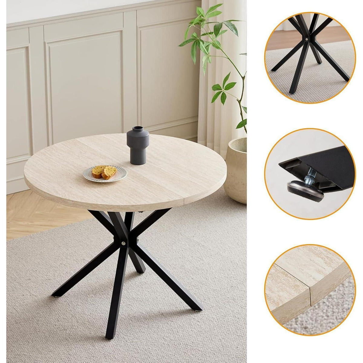 Runder Esstisch Set 100cm mit 4 Samtstühlen – Gelb & Grau
