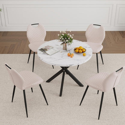 Runder Esstisch Set mit 4 Samtstühlen – Marmor Beige