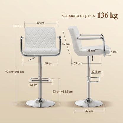 Barhocker Set 2x Höhenverstellbar mit Armlehnen & Fußstütze Weiß