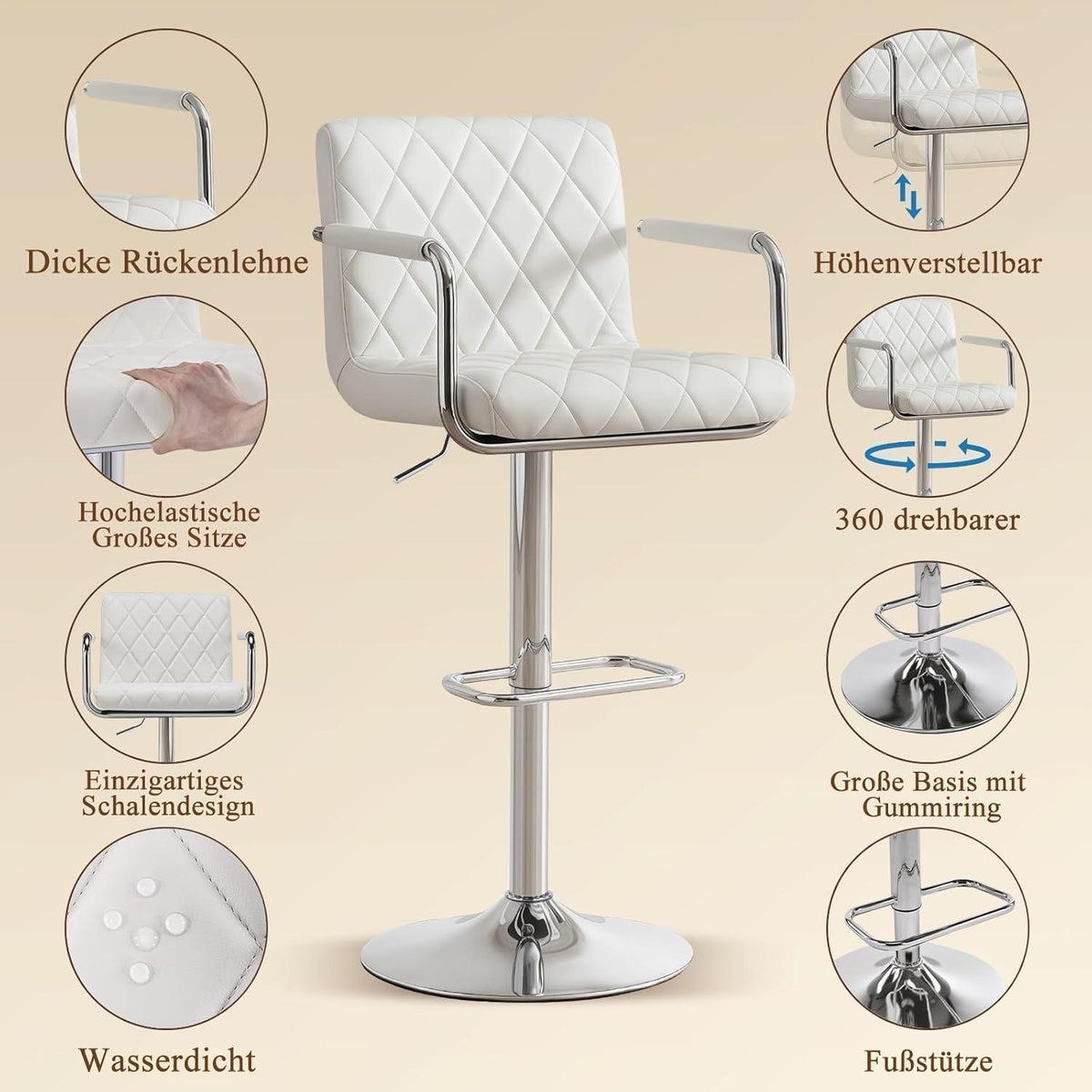 Barhocker Set 2x Höhenverstellbar mit Armlehnen & Fußstütze Weiß